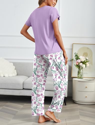 Image of Ekouaer 2 Pack Pajamas for Women Set Short Sleeve Pj Top and Printed Pants | Soft PJs Cozy Printed Lounge Sets Comfy Sleepwear with Pockets