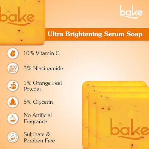 Image of BAKE 10% Vitamin C Ultra Brightening Serum Soap (300g, Pack of 3) with 3% Niacinamide & Turmeric for Pigmentation, Sun Tan & Dark Spots | Exfoliates Dead Skin Cells, Removes Stubborn Marks | For Men & Women - 300g