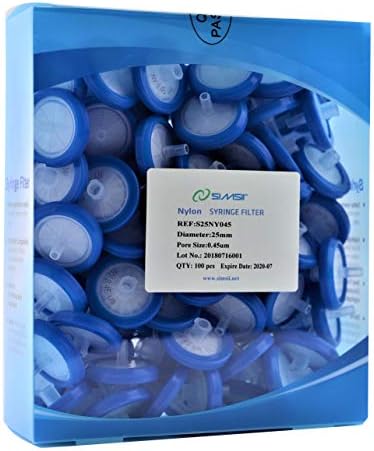Simsii Syringe Filter, Nylon Membrane, Non Sterile Lab Disc, Diameter 25 mm, Micron Pore Size 0.45 um, Disc Shape Blue Corded, Pack of 100