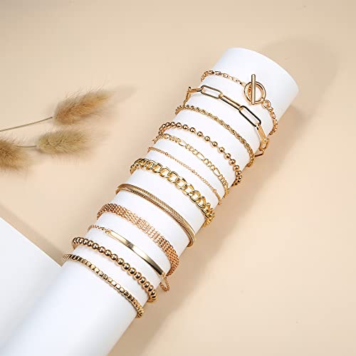 Fansilver 12Pcs Gold Women 14K Gold Plated Boho Stackable Bracelets Paperclip Cuban Cuff Bangle Beaded Layered Link Chain Bracelets Set Gold Tone #TOP4