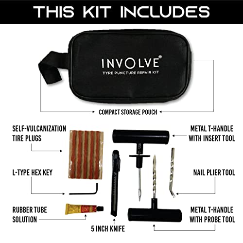 Image of INVOLVE 9 in 1 Universal Tubeless Tire Puncture Kit Emergency Flat Tire Repair Kit Tool with Element Aqua Spray Air Freshener (with Storage Bag) for Car, Bike, SUV, & Motorcycle Involve Accessories
