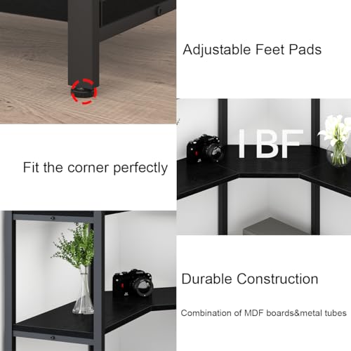 IBF 5 Tier Black Corner Bookshelf, Tall Modern L Shaped Book Shelf Storage Organizer, Large Industrial Wood Metal Wide Open Bookshelves, Farmhouse Heavy Duty 5 Shelf Bookcase Etagere in Bedroom Office