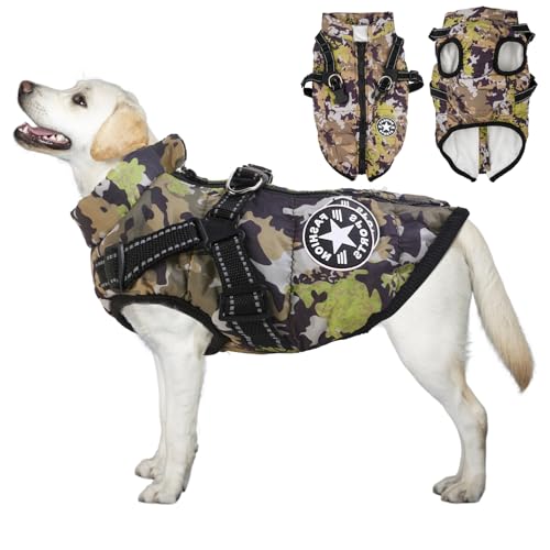 Koramaku 犬服「2024冬の登場」一体型綿コート ハーネス付き 背中開き おしゃれ 牽引 夜間反射 暖かい ペット 猫 犬 服 冬 小型犬 中型犬 着脱簡単 裏起毛 ベスト 防寒 防水 撥水 ジャケットリードリングあり お散歩(4XL,迷彩柄)