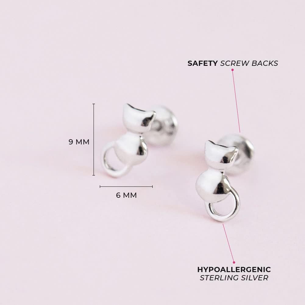 In Season Jewelry Kitty Cat Earrings - Hypoallergenic 925 Sterling Silver Earrings for Girls with Safety Screw Backs - Safe & Comfortable for Toddlers, Kids & Little Girls