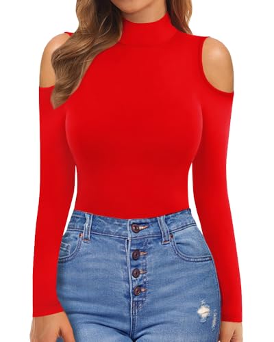 Image of MANGOPOP Long Sleeve Body Suits Mock Turtleneck Sexy Cold Shoulder Cutout Going Out Tops, Red, XX-Large