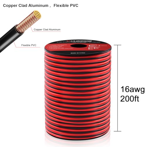 Image of VIABRICO 16Gauge 200FT Electrical Wire Cable 2 Conductors Red Black Cable Hookup LED Lighting Strips Flexible Wire Extension Cord 16AWG Copper Clad Aluminum Copper Wire 12V /24V DC 61M