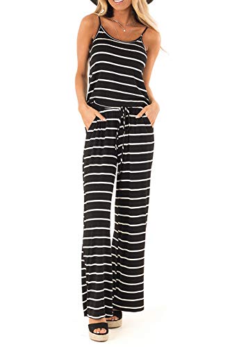 sullcom Women Summer Striped Sleeveless Wide Leg Jumpsuit Casual Spaghetti Strap Stretchy Long Pant Rompers (Medium, E-Black)