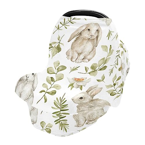 Image of Moudou Cute Rabbit Baby Car Seat Cover, Soft Stretchy Infant Carseat Canopy Cover Newborn Nursing Breastfeeding Cover for Stroller, High Chair, Shopping Cart