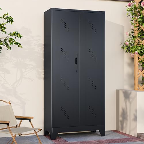 Image of 75 inch Heavy-Duty Metal Storage Cabinet with Lock - Wide & Deep Steel Tool Locker for Garage, Basement, Home Office - Outdoor /Indoor Pantry Organizer Cabinet