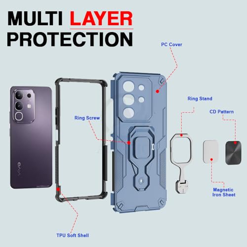 Image of AESTMO Armor Back Cover for Vivo T4X / Z10X / Y31 Pro 5G | Ring Holder & Kickstand & Camera Protection in-Built | 360 Degree Protection Back Case Cover (Blue)