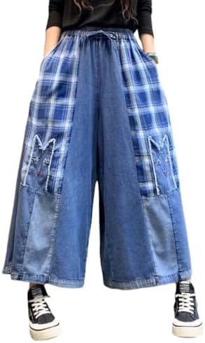 Extra Wide Leg Denim Pants for Women with Embroidery Elastic Band & Drawstring,Fashionable Literary Vibe Dressy Jean