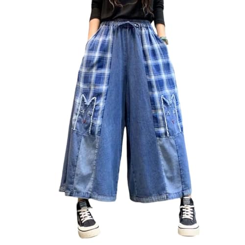 Extra Wide Leg Denim Pants for Women with Embroidery Elastic Band & Drawstring,Fashionable Literary Vibe Dressy Jean