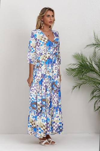 Image of Women Short Sleeve V Neck Floral Print Casual Bohemian Maxi Dresses