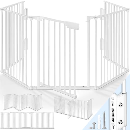 KIDUKU® Barriera di sicurezza 300-600 cm per Bambini e Animali | Cancelletto Griglia di Sicurezza per Camino - Preassemblato | Barriera Protettiva Pieghevole per Porte o Scale (Bianco, 180 cm)