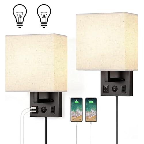 HAITRAL Wall Sconces Plug in with Bulbs - Wall Lamps for Bedroom with USB and Outlet,Sconces Wall Decor Set of 2 with Switch and Bulb Wall Light Fixtures for Living Room,Bedroom(Include Bulbs)-Black