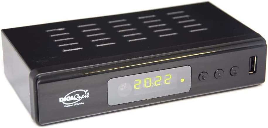 Front view of the DIGIQUEST Twin Tuner REC Decoder, showing the display, control buttons, and front USB port.