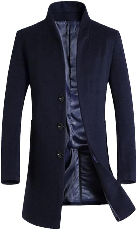 Men Long Coat Wool Trench Single Breasted Slim Fit Peacoat Overcoat Stand Collar Jacket Parka