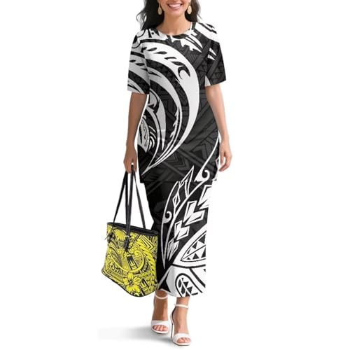 Image of Puletasi Samoan Traditional 2 Piece Outfits for Women Short Sleeve Crop Top and Maxi Skirt Sets Puletasi Dress
