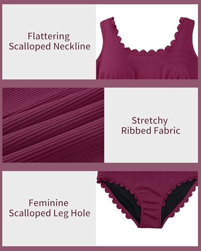 Charmo Plus Size Tummy Control Swimsuit One Piece Scallop Trim Ribbed Ruched Full Coverage Bathing Suits for Curvy Women Burgundy 1X
