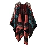 Sisifa Damen Boho Pullover Poncho Schal Wrap Cape Mantel Winter Herbst Vintage Print Stricken vorne offene Strickjacke Decke