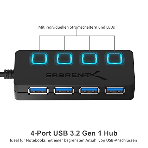 SABRENT USB hub 3.2 Gen1, USB Adapter, USB Verteiler, USB 3 hub mehrfach verlängerung mit EIN/AUS-schaltern und langes… – Bild 3
