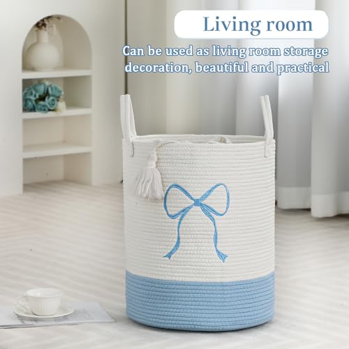 Honeydak Blue Laundry Basket Bow Hamper Coquette Laundry Basket Cotton Rope Blue Hamper 15 x 17.7 Inches Toy Box Large Coquette Bow Teens Girls Room Storage for Blanket Toys Clothes Organization by Honeydak - Image 4