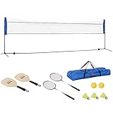 HOMCOM Badmintonnetz Set faltbares Tennisnetz mit Badmintonschläger 107/120/155H cm Höhenverstellbar Indoor Outdoor Federballnetz mit Transporttasche Metall Polyester Blau+Schwarz