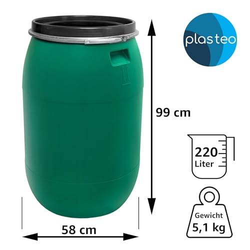 Das Plasteo® 220 Liter Weithalsfass mit Deckel und Spannring, HDPE, BPA-Frei, lebensmittelecht, vielseitig verwendbar als Lebensmittelfass, Futtertonne, Regentonne (Grün mit Spannring)