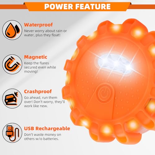 6 Pack USB Rechargeable LED Road Flares Emergency Lights, Roadside Warning Car Safety Beacon Flashing Disc Flare Kit with Magnetic Base for Vehicles & Boat&Truck