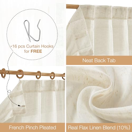 Image of FMFUNCTEX Linen Sheer Pinch Pleated Curtains for Living Room, Linen Flax Beige 108 Inches Long Sheer Curtain See Through Panels for Bedroom, Natural Window Drapes for Farmhouse, Rod Pocket 2 Panels