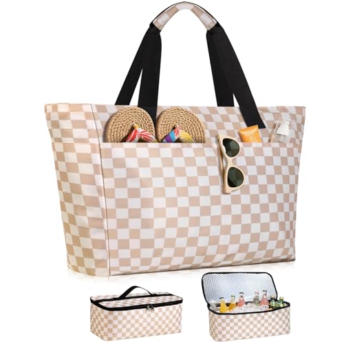 Beach Bag and Cooler Bag Set, 45L Waterproof Beach Tote with Zipper Closure, Foldable Extra Large XXL Family Weekender Bags, with 8 Pockets, Suitable for Pool, Picnic, Shopping, Travel
