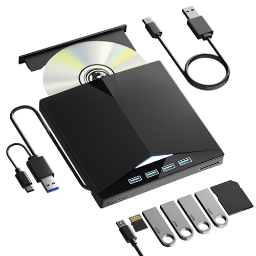 External CD/DVD Drive for Laptop, Portable 7 in1 USB 3.0 CD ROM External Drive, CD Reader for PC with 4 USB Ports and TF/SD Card Slots, DVD Drive Usb External for Windows 11/10/8/7/XP/Linux/MacOS