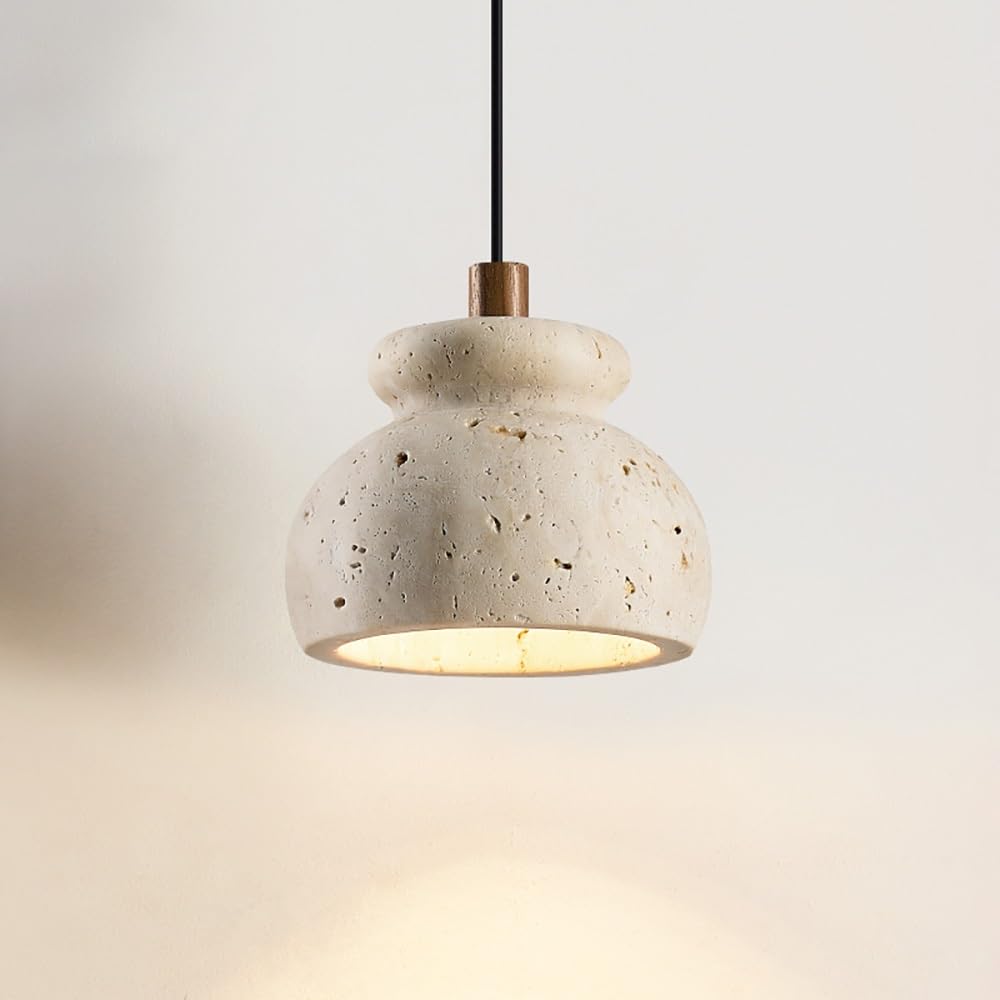 COSRUB Japanese Mini Travertine Pendant Lights, Half Globe Stone Hanging Lamp Fixture Nordic Farmhouse Single Chandelier for Bedside Reading Nook Entryway