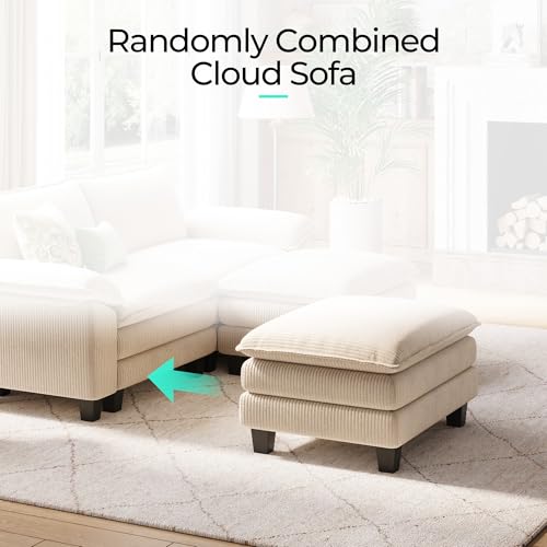 Image of LINSY Home Modular Sectional Sofa - Oversized Corduroy Cloud Couch with Movable Ottoman Soft Modern Comfy Sofa Set for Living Room Apartment Office, Beige