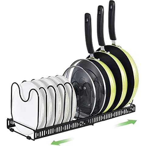 Pot Lid Organizer, Pot Rack Organizer with 10 Adjustable Compartments, Expandable Pots and Pans Organizer for Cabinet Countertop Cupboard Pantry Kitchen Cover