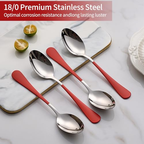 Onlycooker Red Dinne spoons Set 12 Piece,Red Handle Silverware 18/0 Stainless Steel Flatware Bulk,7.3-inch Dessert Spoons Sets Table Set of 12,Mirror Finished Dishwasher Safe by Onlycooker - Used condition - Image 4