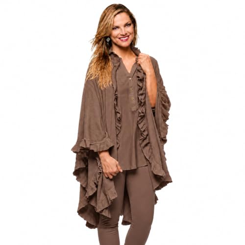 Fennco Styles Women's Ruffle Trim Knit Open Front Poncho Cape