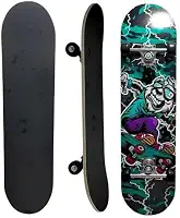 Skate Infantil Completo, 7 Lâminas de Madeira, Design Radical com Arte em Verde e Preto, Montado com Lixa para Iniciantes