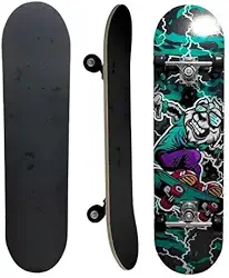 Skate Infantil Completo, 7 Lâminas de Madeira, Design Radical com Arte em Verde e Preto, Montado com Lixa para Iniciantes