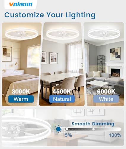 Image of VOLISUN Low Profile Ceiling Fans with Lights and Remote, 24in Flush Mount Ceiling Fans with Light, 3000K-6500K Dimmable Fandelier LED Fan Light, White Bladeless Ceiling Fans with Lights for Bedroom