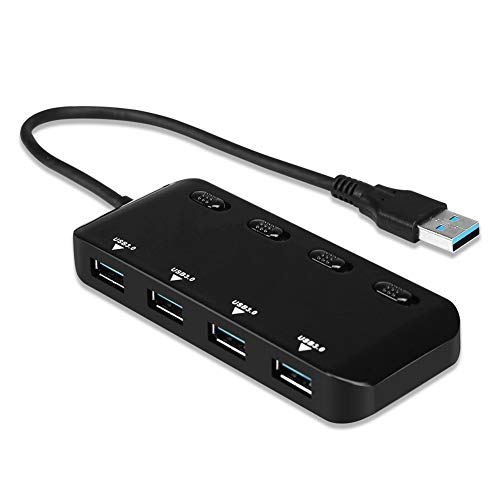 HaetFire USB 3.0 Hub Splitter 4 Port USB Extension Ultra Slim USB 3.0 Data Hub with Individual On/Off Switches and LEDs, Portable Expansion Data Hub