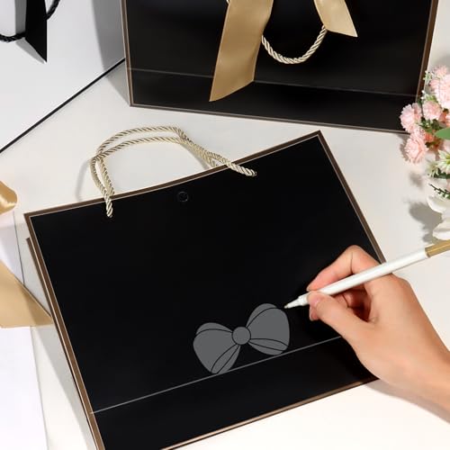 12 Pcs Black Gift Bags with Handle and Tissue 11.8 x 10 x 4\'\' Large Paper Bags, Thank You Gift Bag with Bow Ribbon for Wedding Bridal Shower Groomsmen Birthday Party Baby Shower(Black-Dark Gold)