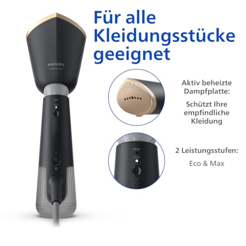 Philips Dampfglätter 5000-Serie – 35 Sekunden Aufheizen, kontinuierlicher Dampf, zwei Wassertanks, Eco-Modus, verstellbarer Kopf, Metallplatte, Handschuh, Beutel & StyleMat, anthrazit (STH5030/80)