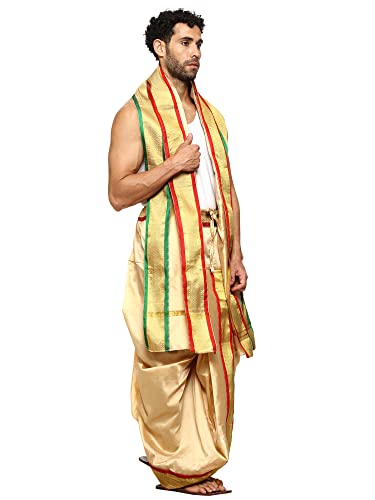 Image of Rameshwaram Fabrics Readymade Dhoti for Men, Velcro Style Stitched Mens Silk Dhoti Pant with Stole Set