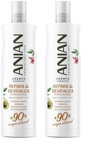 ANIAN - Champú Repara y Revitaliza, 400 ml, para Pelo Seco y Dañado, Limpia, Hidrata y Fortalece el Cabello Dañado, con Aceite de Aguacate, Manteca de Cacao y Queratina Vegetal (Paquete de 2)