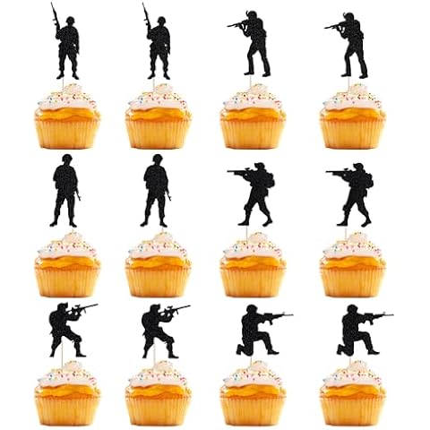 Naicaek 12 PCS Military Soldier Cupcake Toppers，Soldier's Day, Veterans,Glitter Military Theme Navy Army Special Forces Cupcake Picks， Men Boys Birthday Party Decorations Supplies Cover