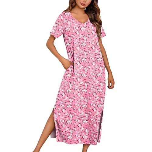 Marvmys Women Short Sleeve Nightgown Cotton Long Nightshirts with Pocket Small Pink Small Flower