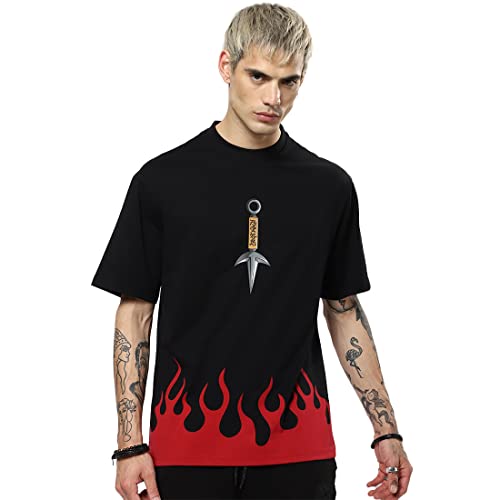 Image of Bewakoof Men's Graphic Printed 100% Cotton T-Shirt - Oversized Fit, Round Neck, Half Sleeves