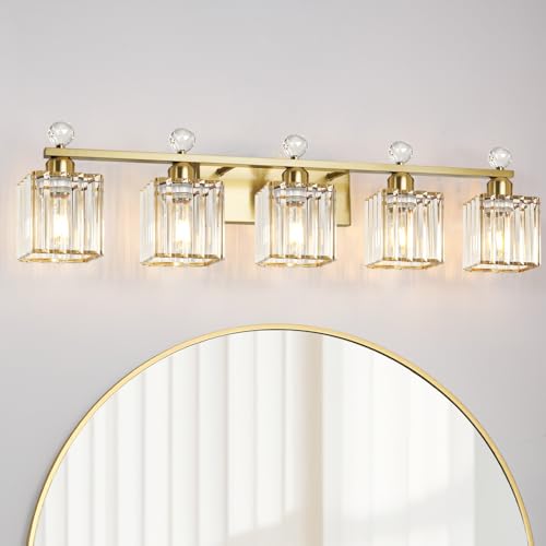 Image of Lxybcce Bathroom Vanity Lights Over Mirror - Easy Installation with Clear Guide, 5-Light Shadow-Free Design, Gold Crystal Finish - for Modern Home Bathroom Lighting Fixtures in DIY Projects