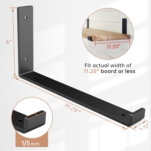 Shelf Bracket 4 Pack, Butizone Heavy Duty Metal J Bracket with Lip for DIY Open Shelving, Industrial Rustic Wall Shelf, Floating Support L Shelf Bracket Black (11.25")